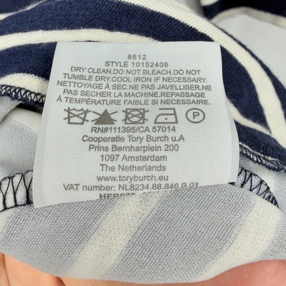 Tory Burch Navy White‎ Striped 100% Linen Drop Waist Flounce Dress XS 10152406